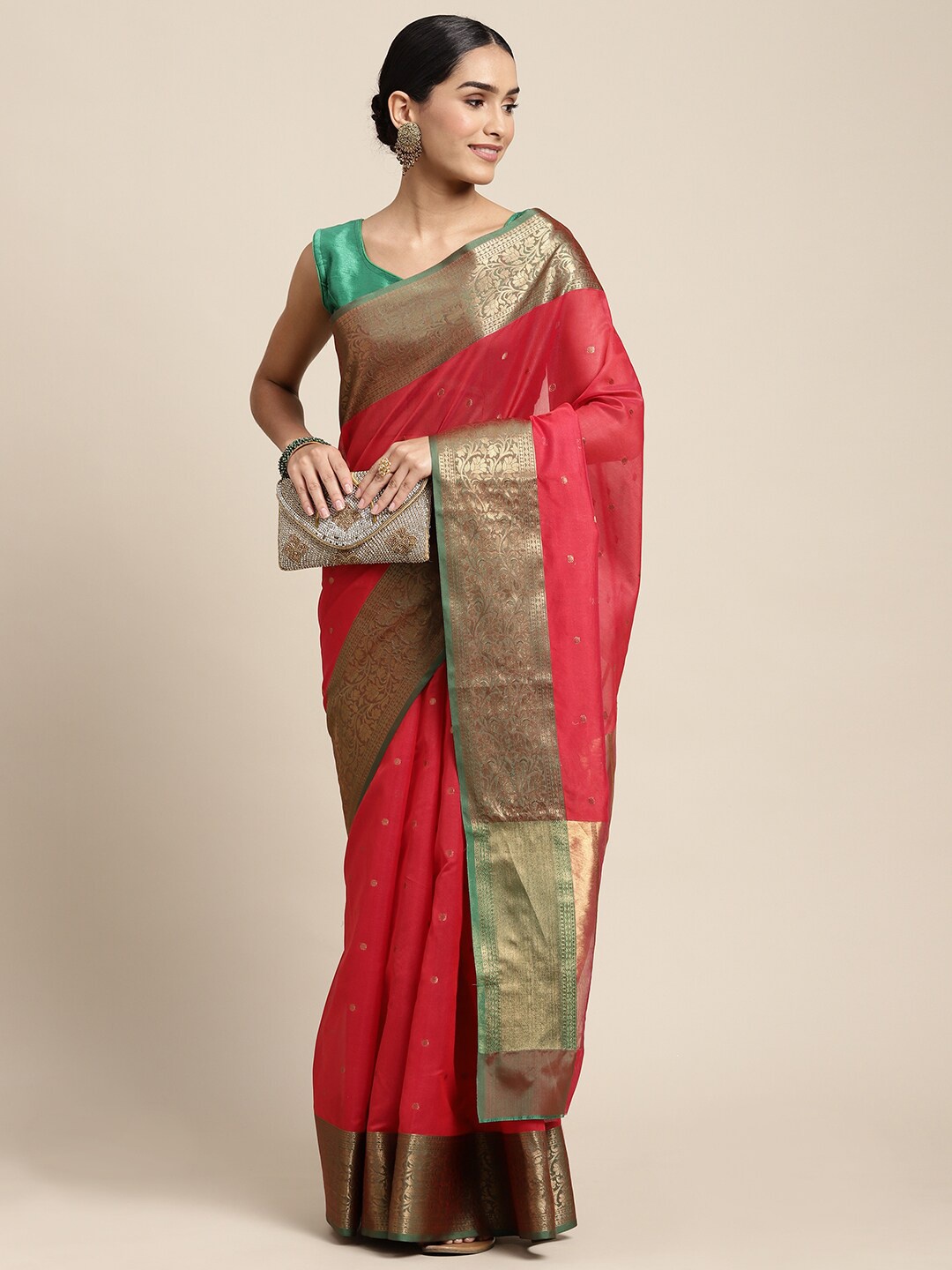 

HOUSE OF BEGUM Ethnic Motif Woven Design Zari Banarasi Saree, Red