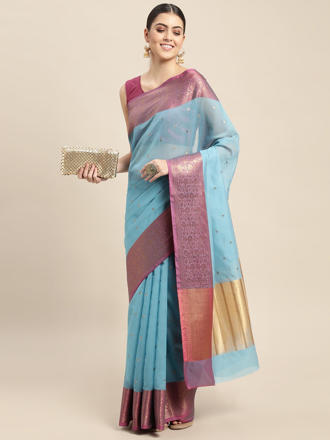 

HOUSE OF BEGUM Ethnic Motif Woven Design Zari Banarasi Saree, Blue