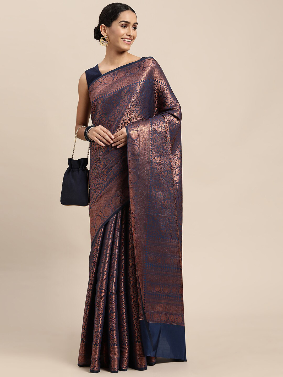 

HOUSE OF BEGUM Floral Woven Design Zari Kanjeevaram Saree, Blue