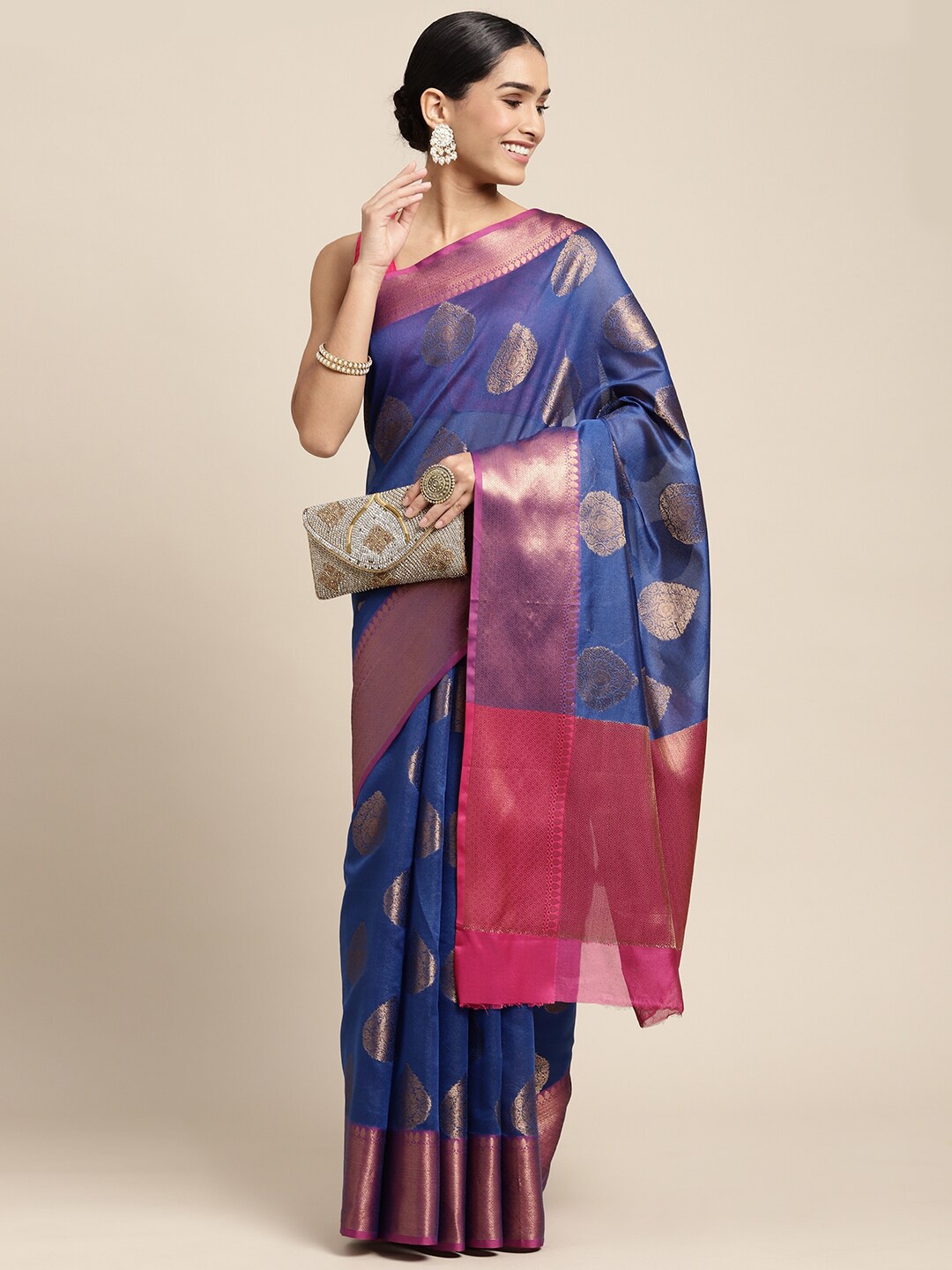 

HOUSE OF BEGUM Ethnic Motifs Woven Design Zari Banarasi Saree, Blue