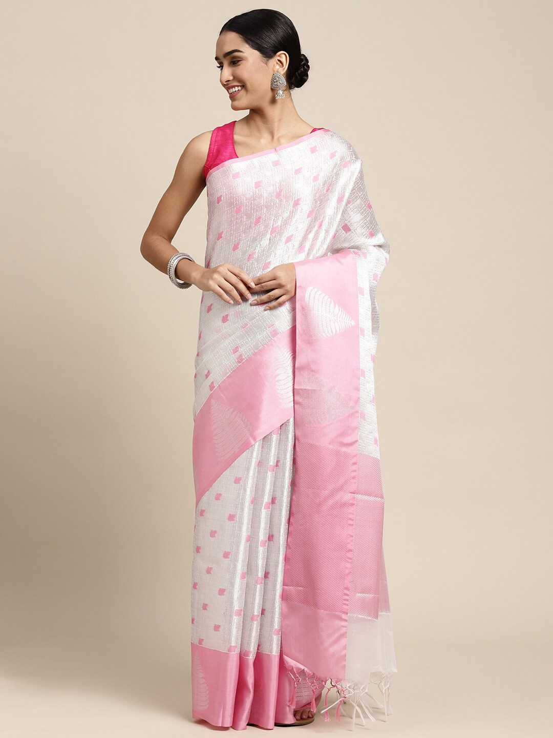 

HOUSE OF BEGUM Floral Woven Design Zari Kanjeevaram Saree, White
