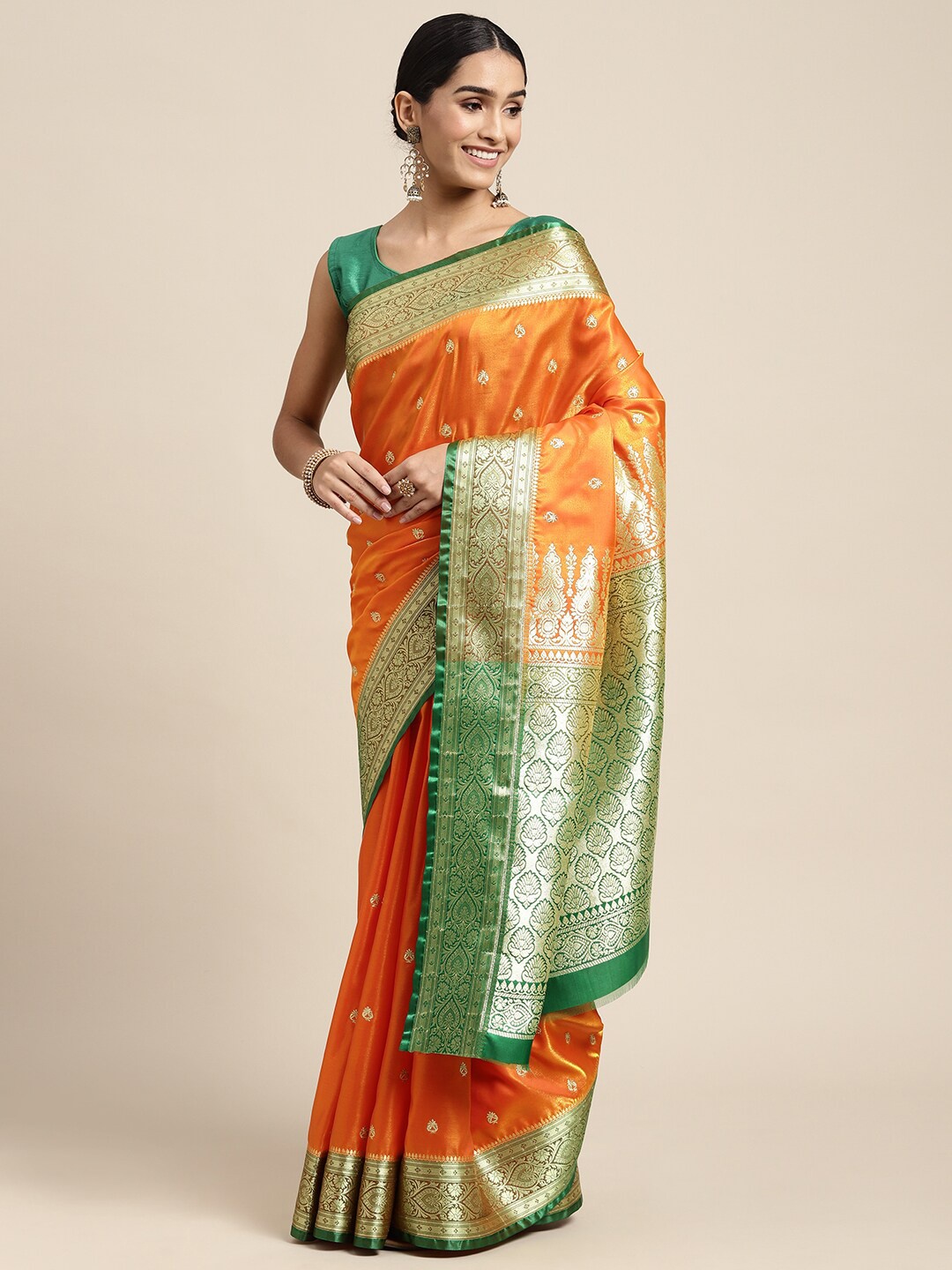 

HOUSE OF BEGUM Ethnic Motifs Woven Design Zari Banarasi Saree, Orange