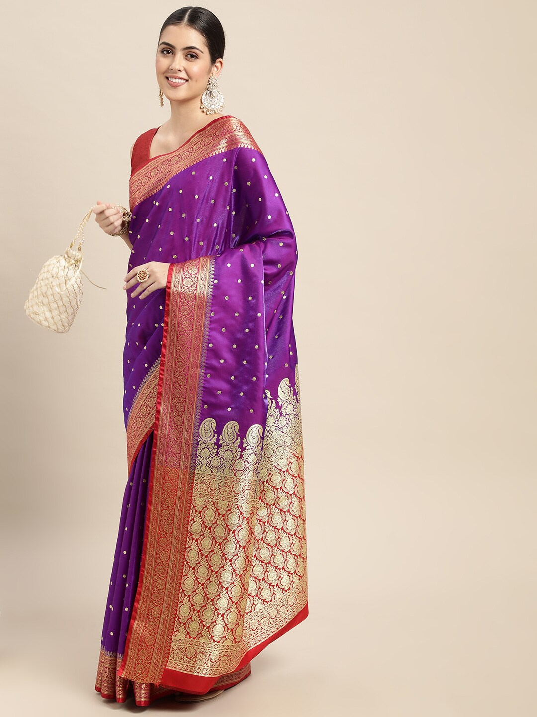 

HOUSE OF BEGUM Polka Dots Woven Design Zari Banarasi Saree, Purple