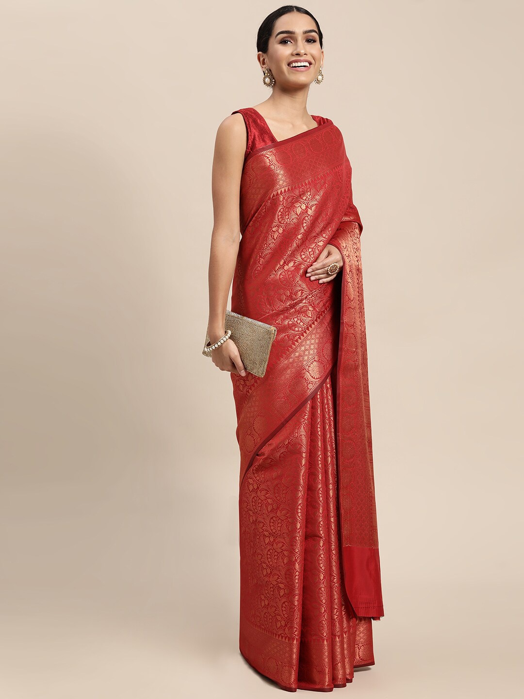 

HOUSE OF BEGUM Floral Woven Design Zari Kanjeevaram Saree, Red