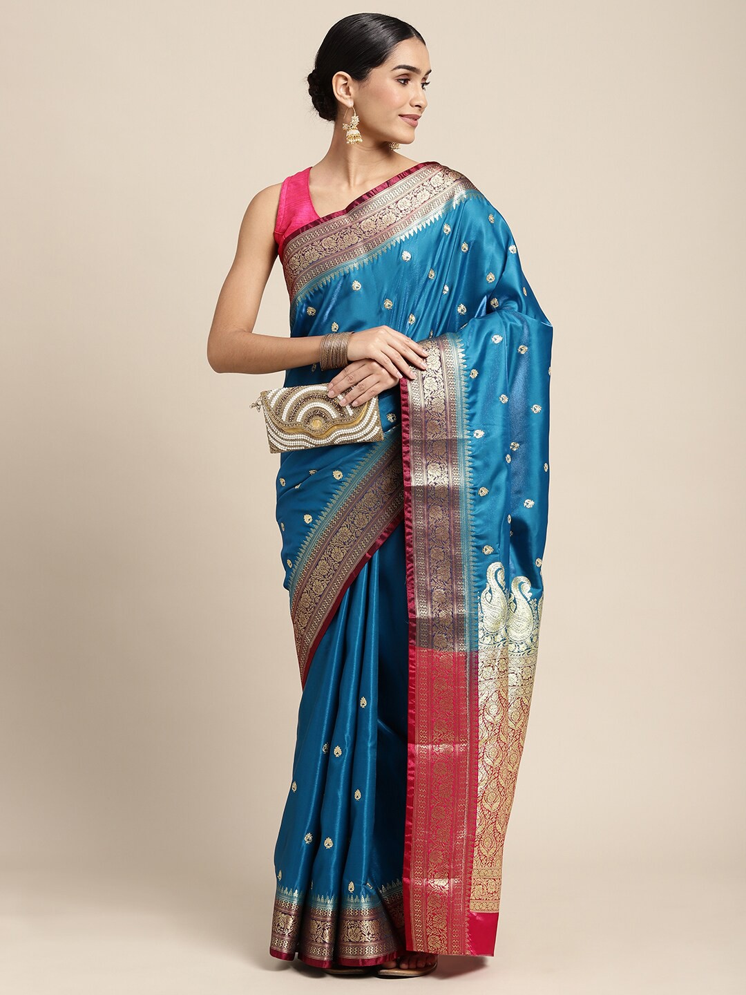 

HOUSE OF BEGUM Ethnic Motif Woven Design Zari Banarasi Saree, Blue