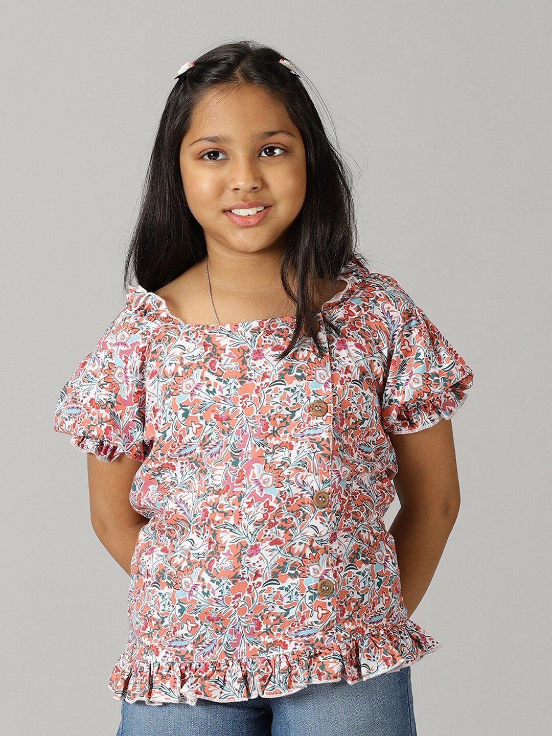 

KiddoPanti Girls Floral Printed Puff Sleeves Georgette Top, White
