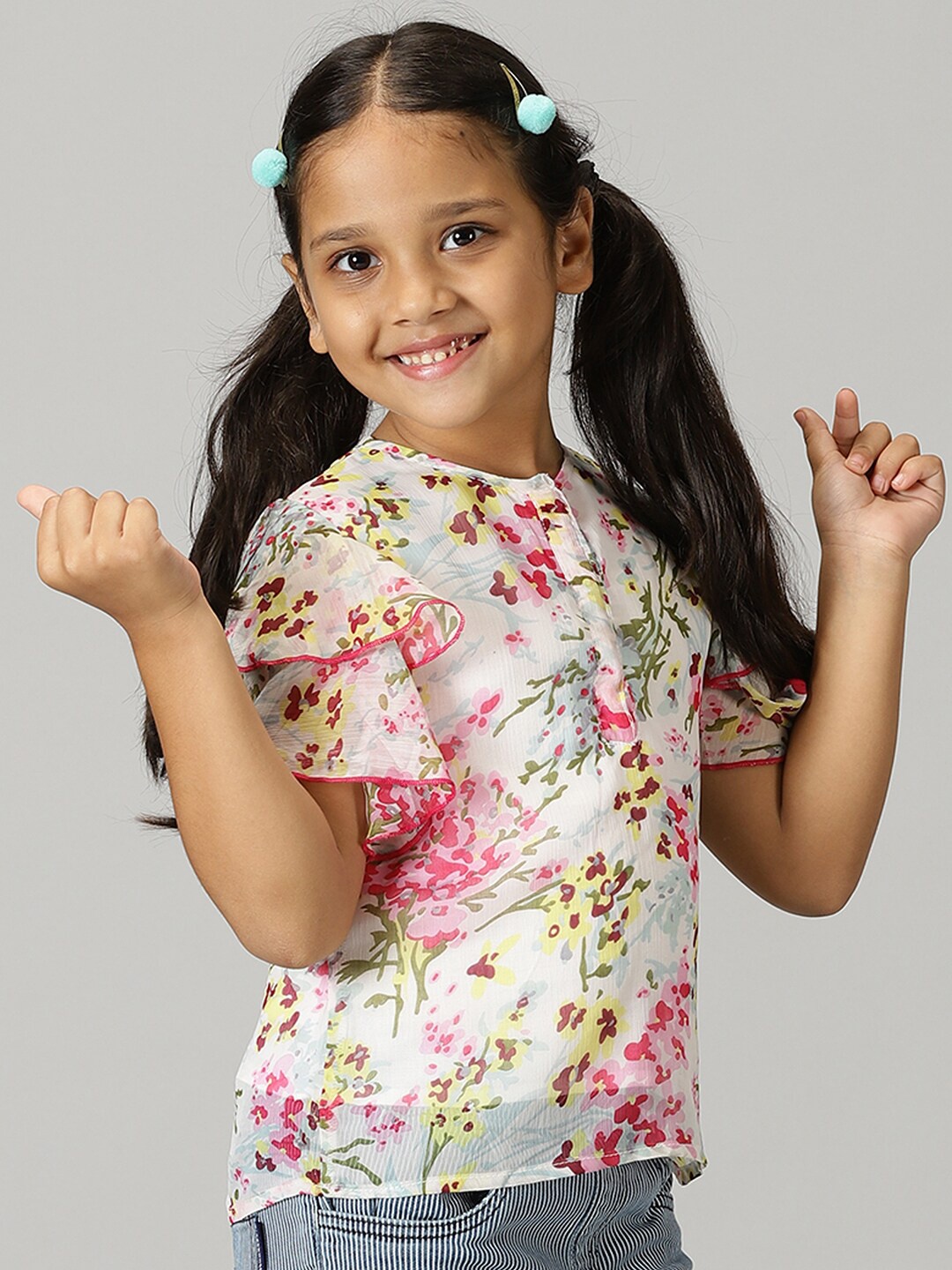 

KiddoPanti Girls Floral Printed Flutter Sleeve Top, White