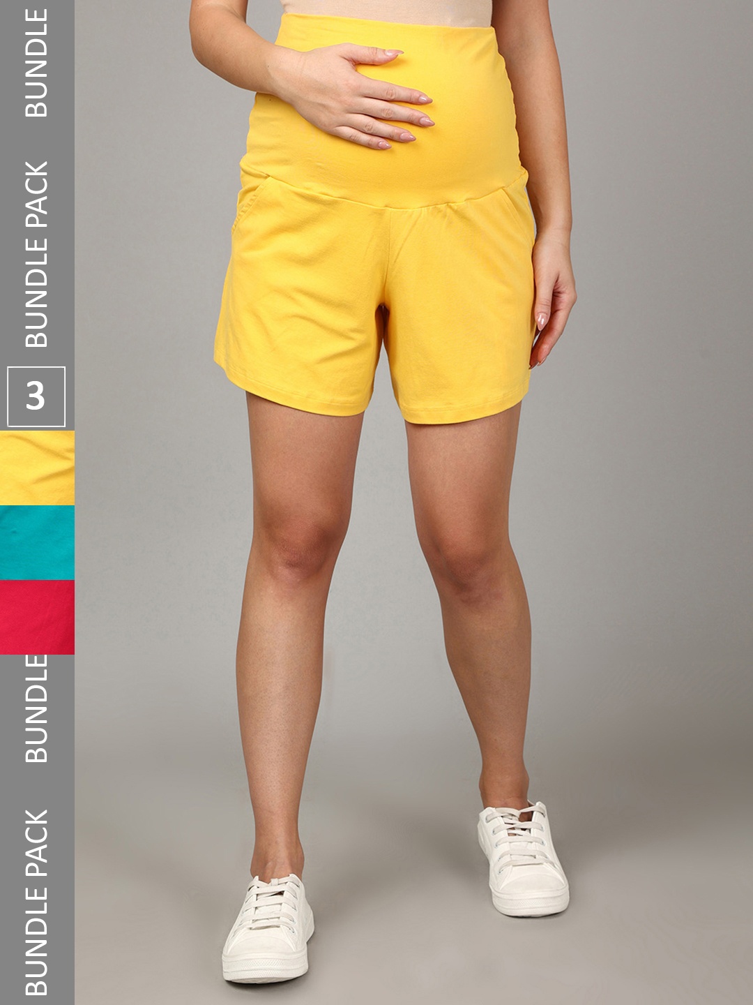 

The Mom Store Women Pack Of 3 High-Rise Maternity Shorts, Yellow