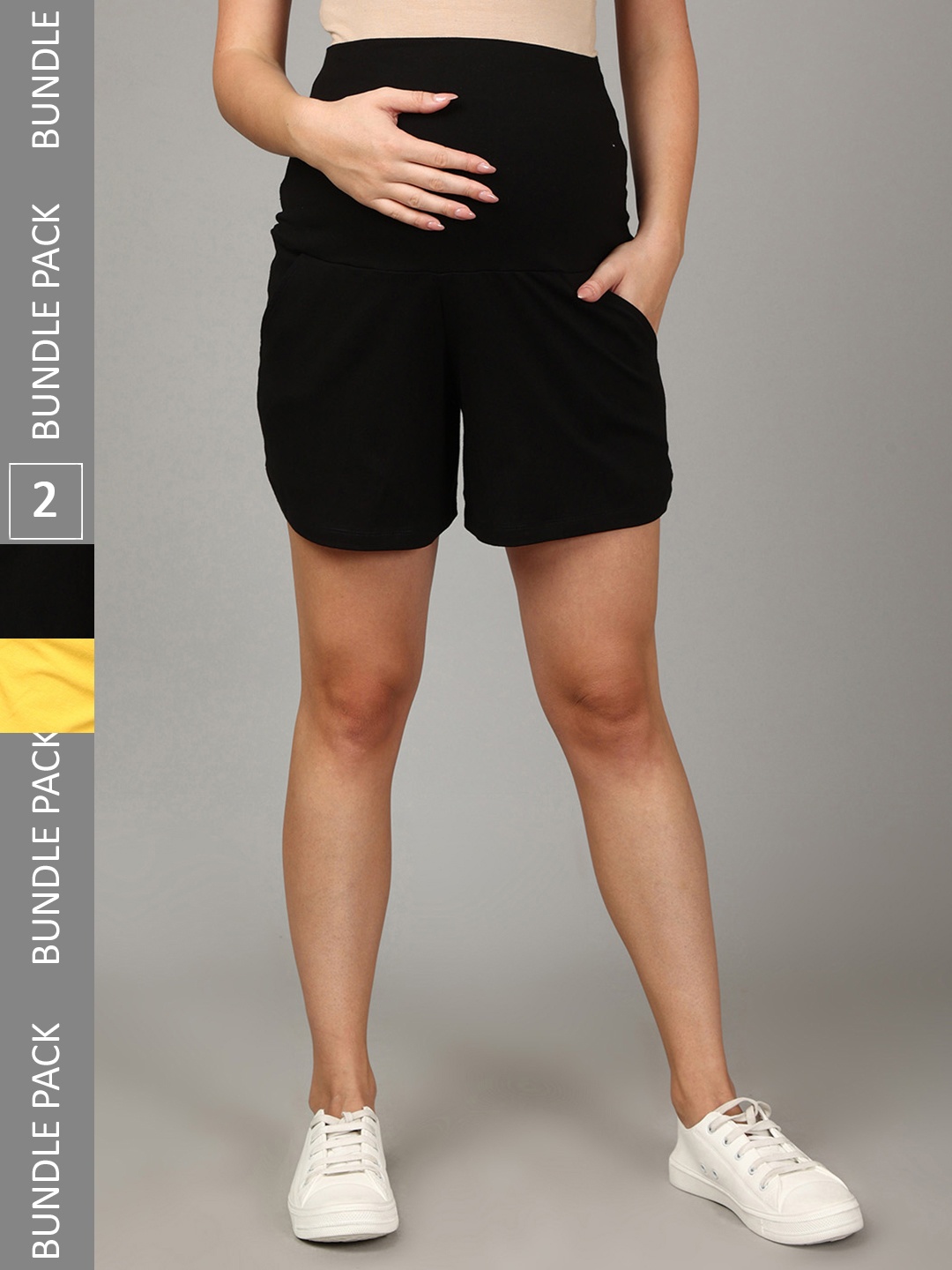 

The Mom Store Women Pack Of 2 High-Rise Maternity Shorts, Yellow
