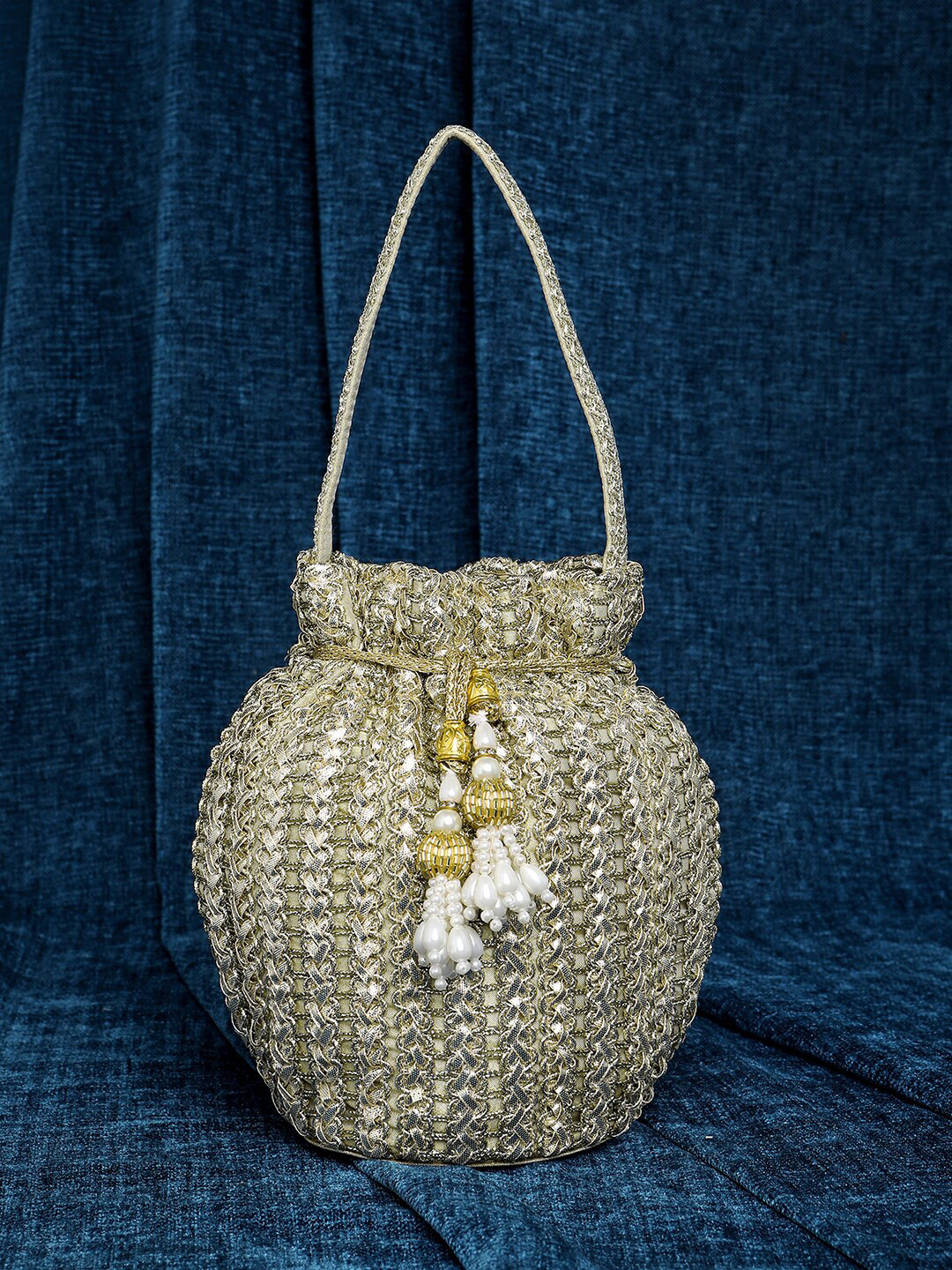 

Peora Embellished Potli Clutch With Wrist Loop, Cream