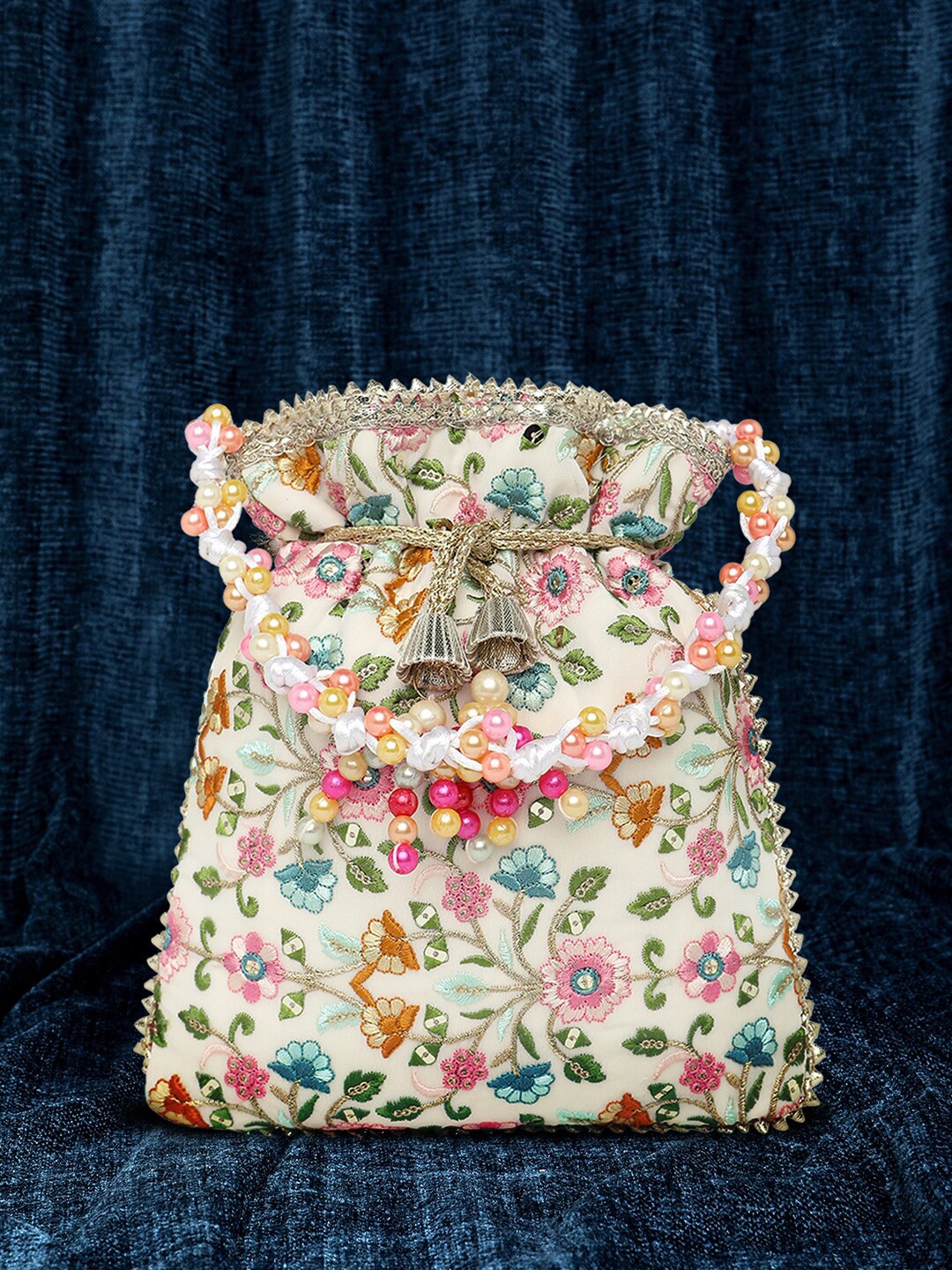 

Peora Embroidered Potli Clutch With Wrist Loop, White