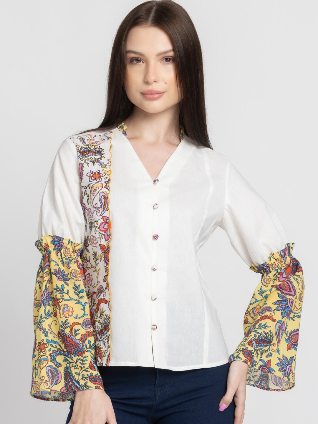 

SHAYE Classic Floral Printed Pure Cotton Casual Shirt, White