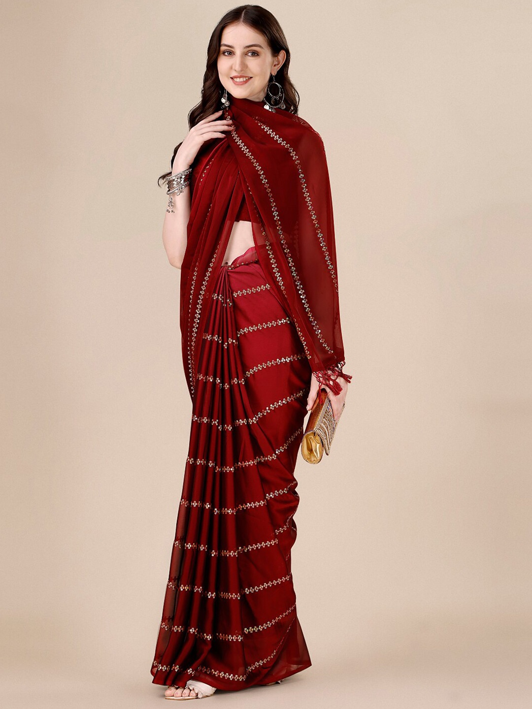 

KALINI Embellished Sequinned Silk Blend Saree, Maroon