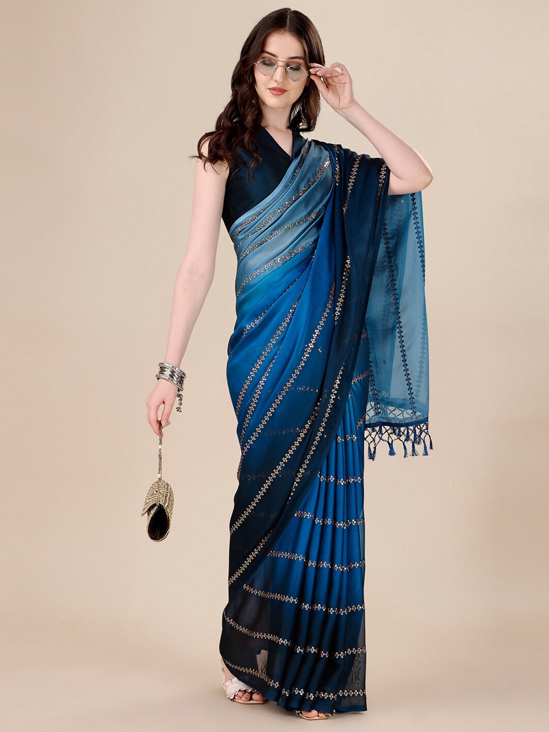 

KALINI Embellished Sequinned Silk Blend Saree, Navy blue