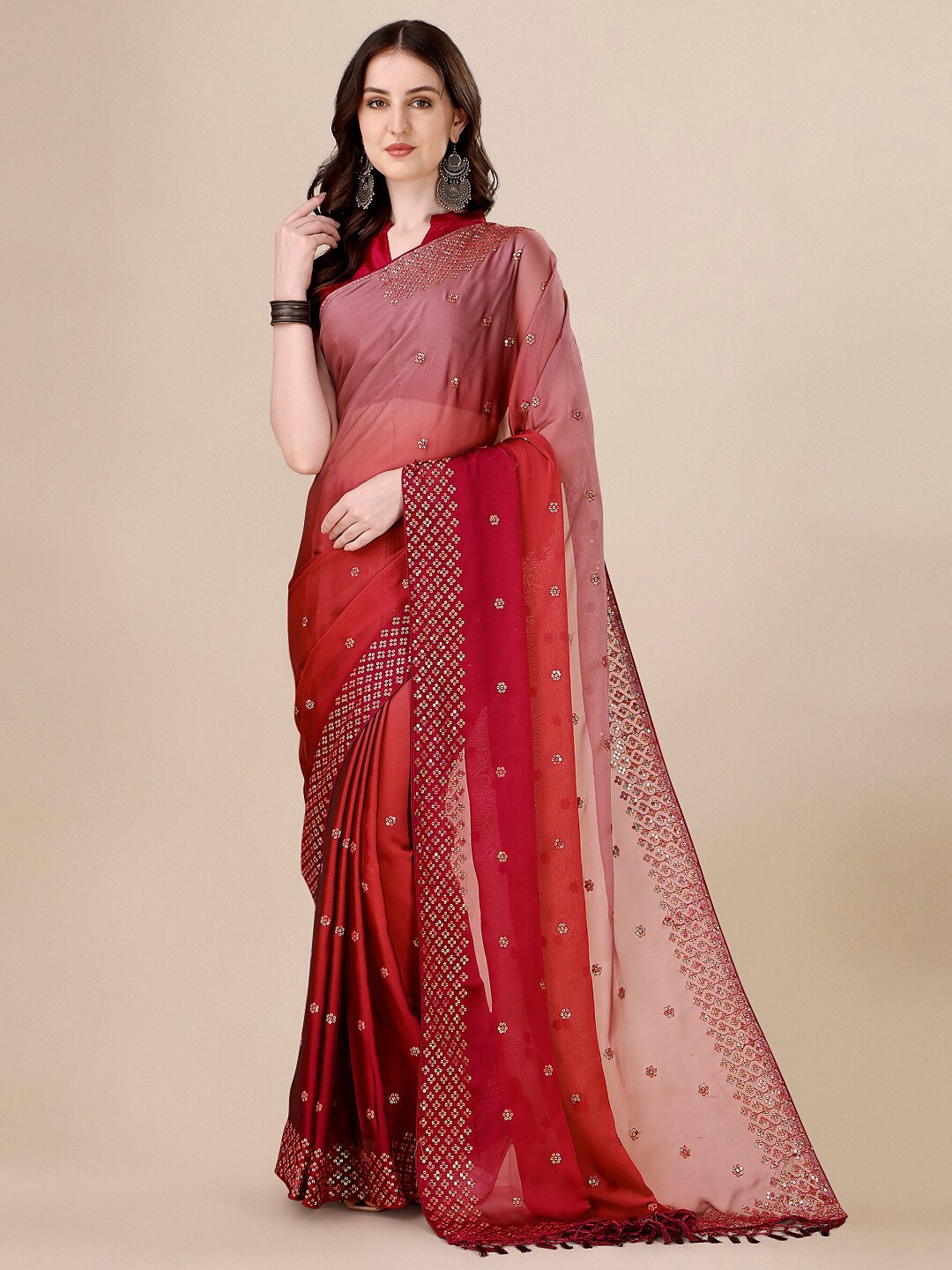 

KALINI Embellished Sequinned Silk Blend Saree, Red