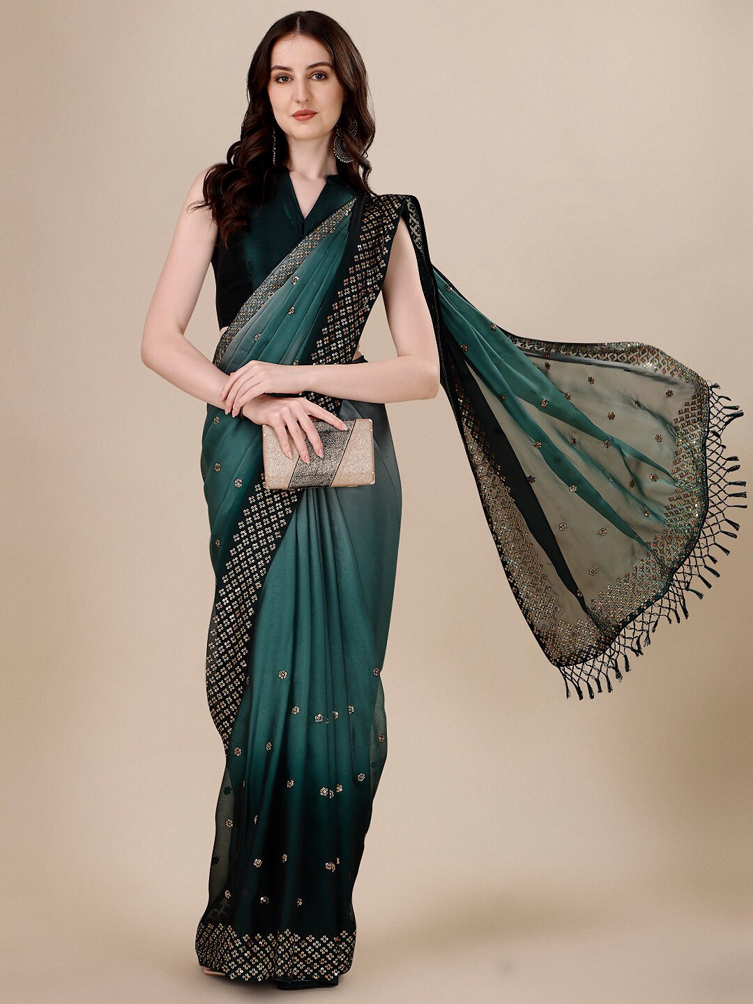 

KALINI Embellished Sequinned Silk Blend Saree, Green