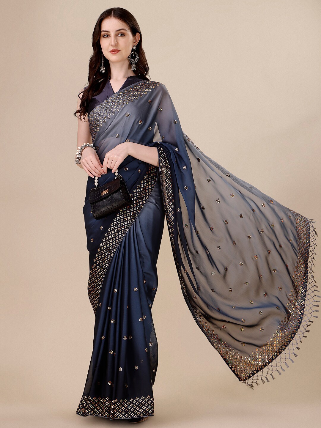 

KALINI Embellished Sequinned Silk Blend Saree, Navy blue