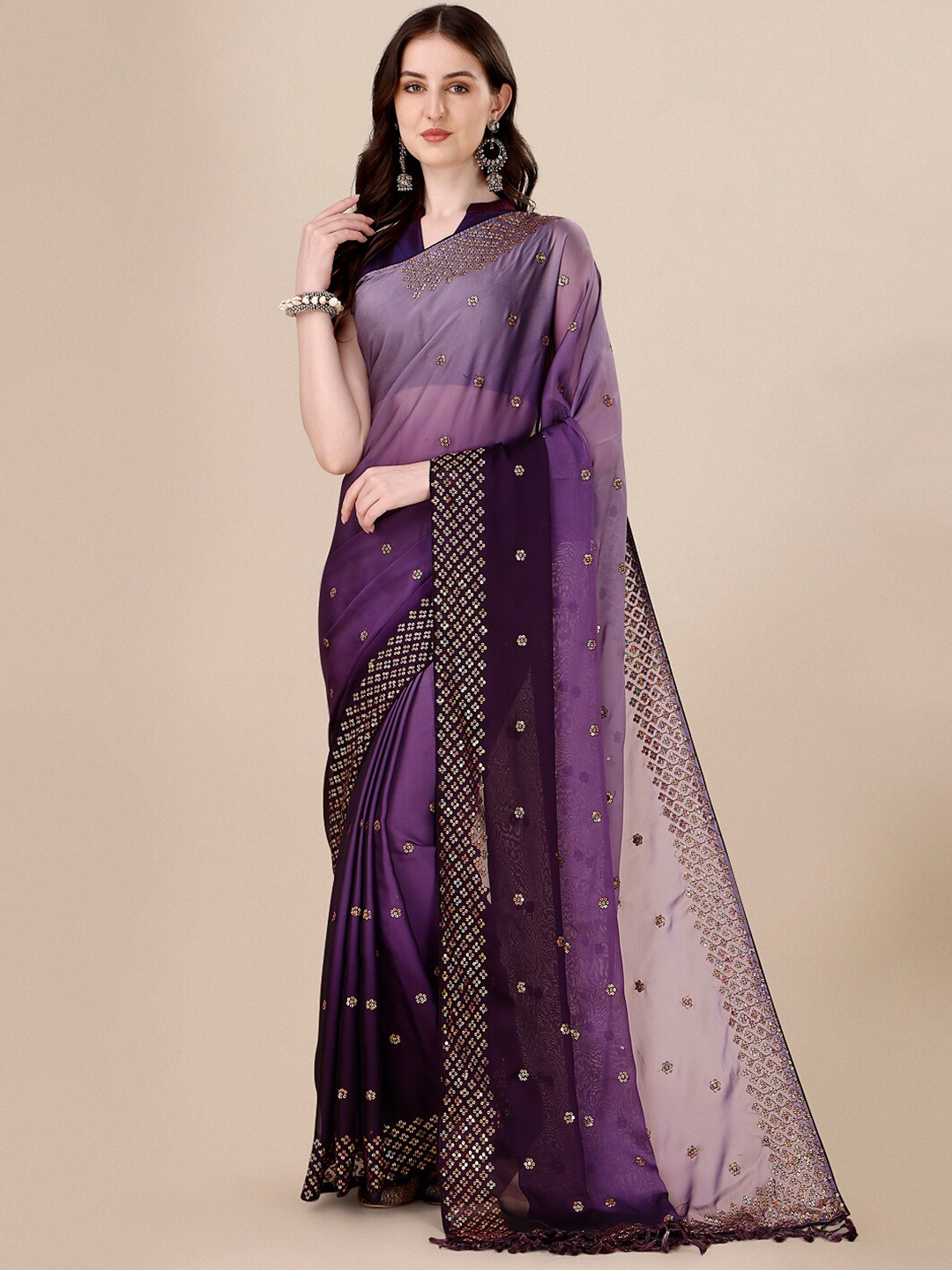 

KALINI Embellished Sequinned Silk Blend Saree, Purple