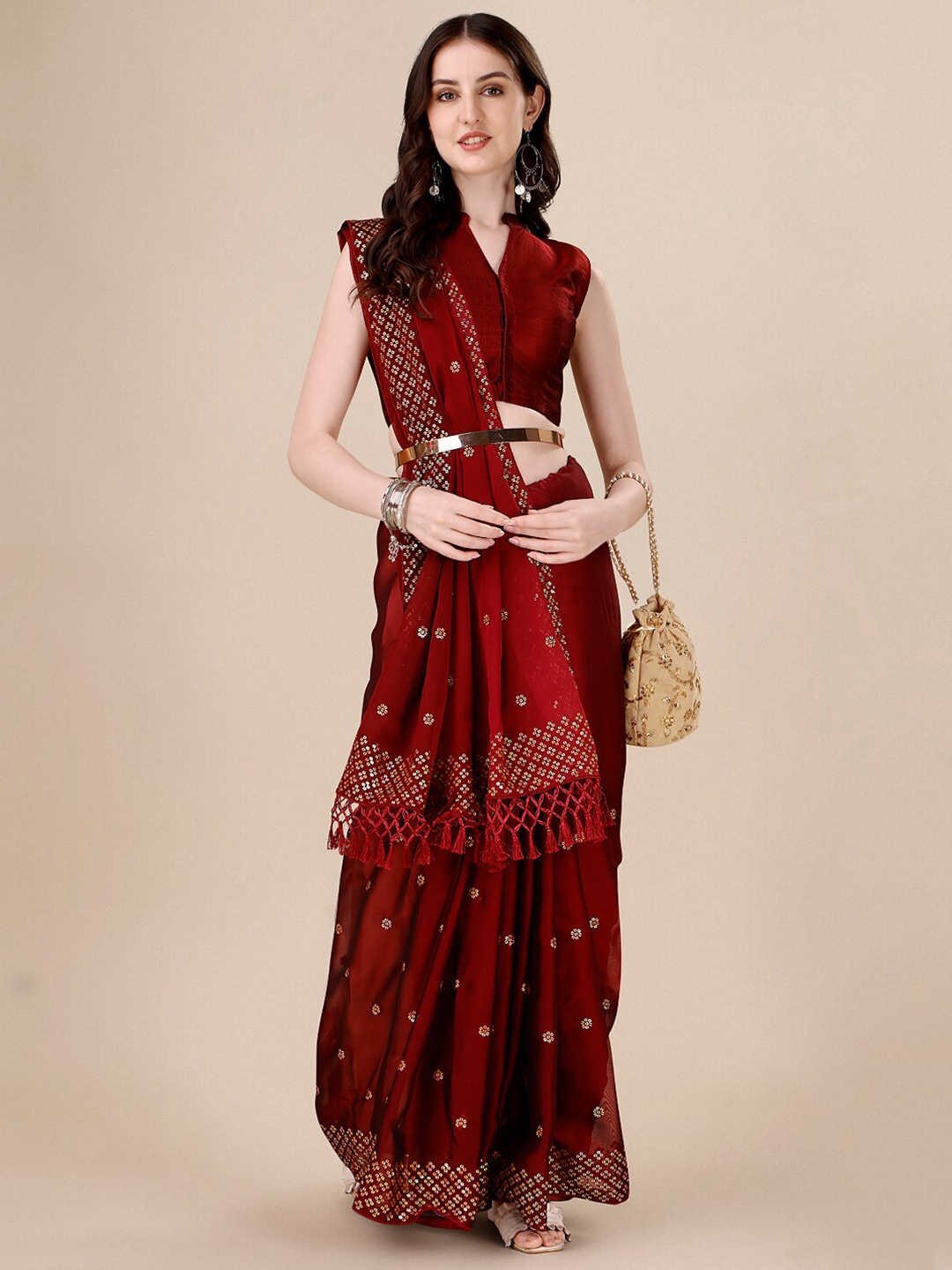 

KALINI Embellished Sequinned Silk Blend Saree, Red