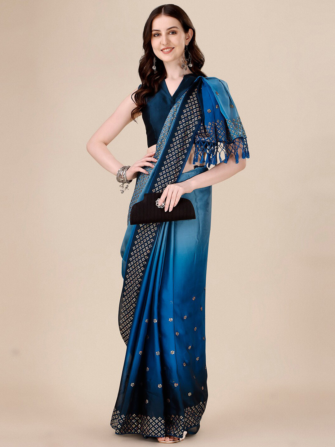 

KALINI Embellished Sequinned Silk Blend Saree, Navy blue