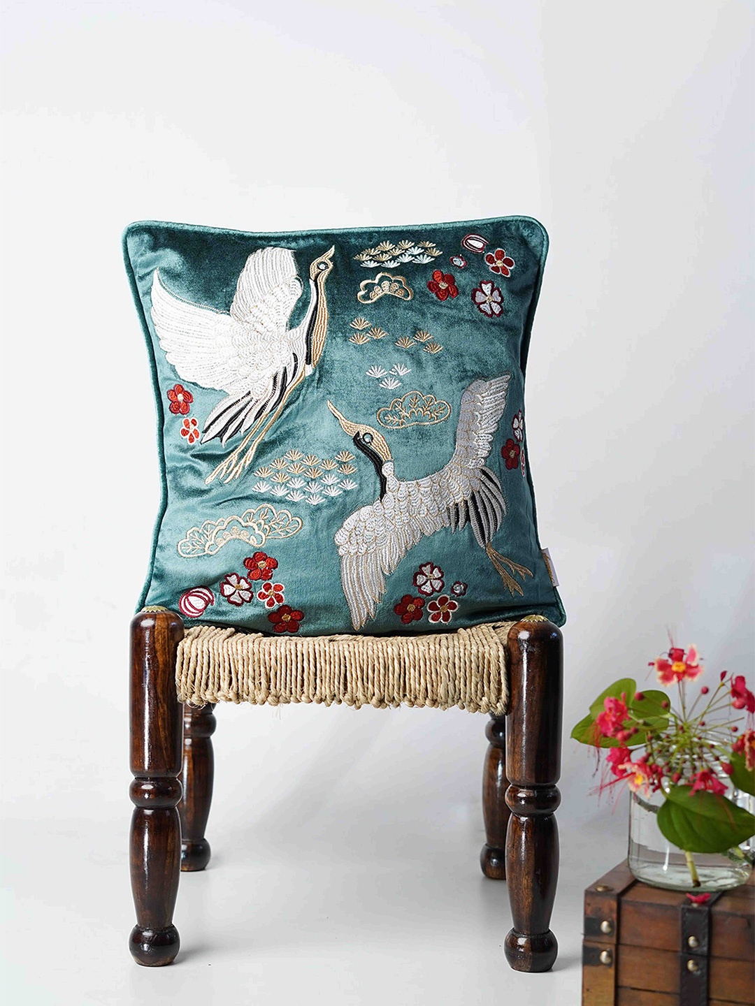 

Folkstorys Green & White Embroidered Velvet Square Cushion Cover