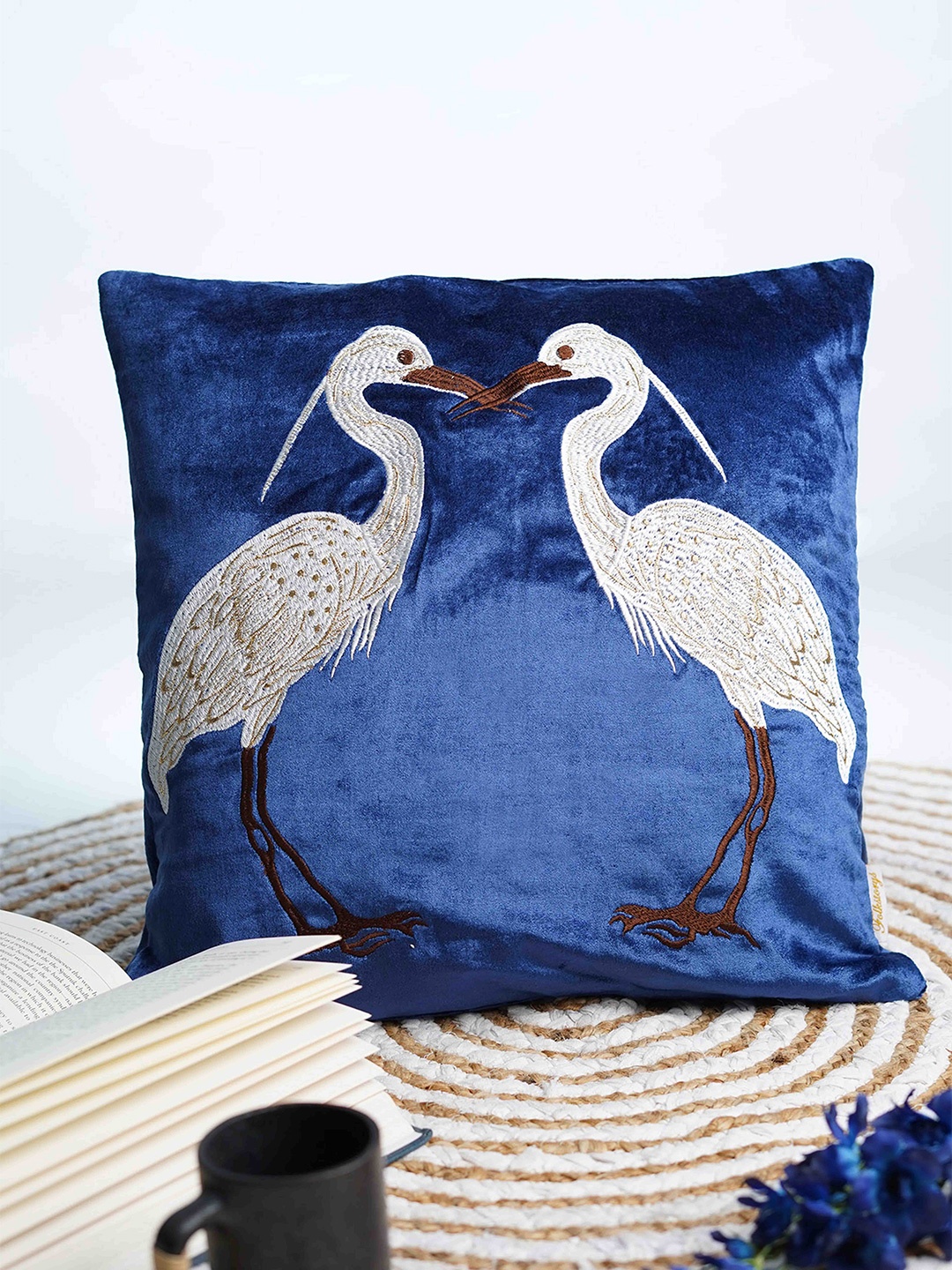 

Folkstorys Luxury Flamingo Blue & White Embroidered Velvet Square Cushion Cover