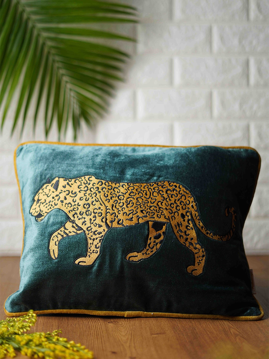 

Folkstorys Luxury Green & Yellow Embroidered Velvet Rectangle Cushion Cover