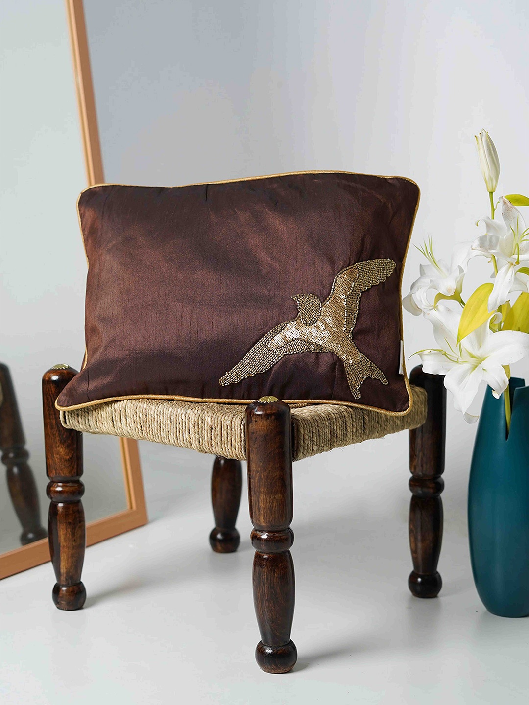 

Folkstorys Brown Umber Bird Embroidered Velvet Rectangle Cushion Cover