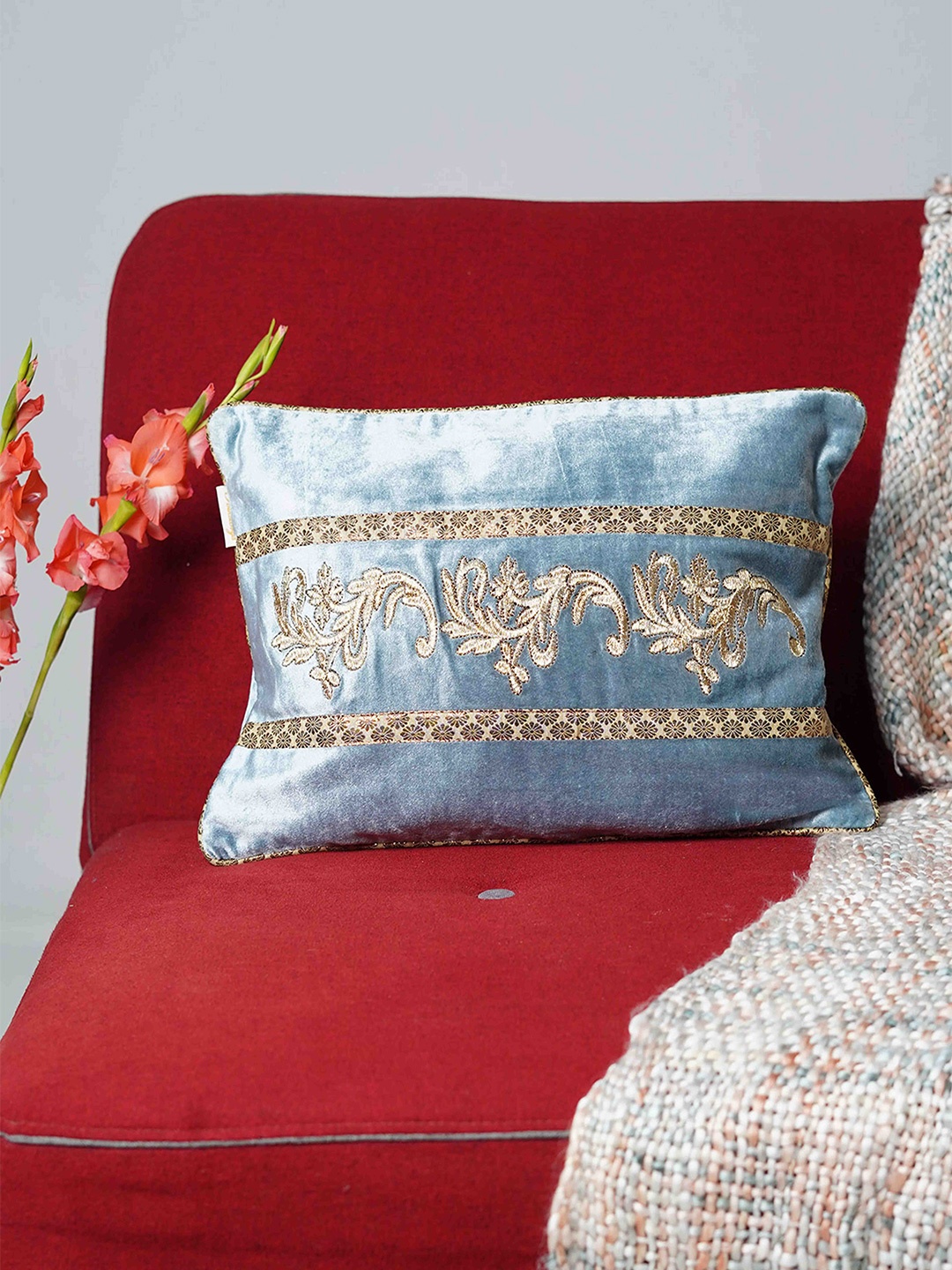 

Folkstorys Luxury Cadet Blue & Gold-Toned Embroidered Velvet Rectangle Cushion Cover