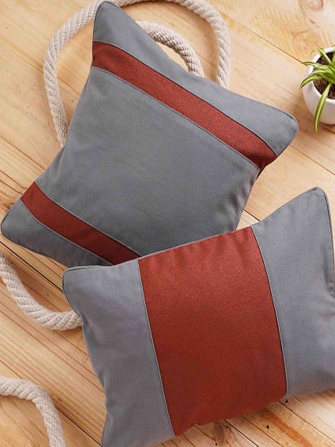 

Folkstorys Cinnamon Grey & Orange 2 Pieces Colourblocked Rectangle Cotton Cushion Covers