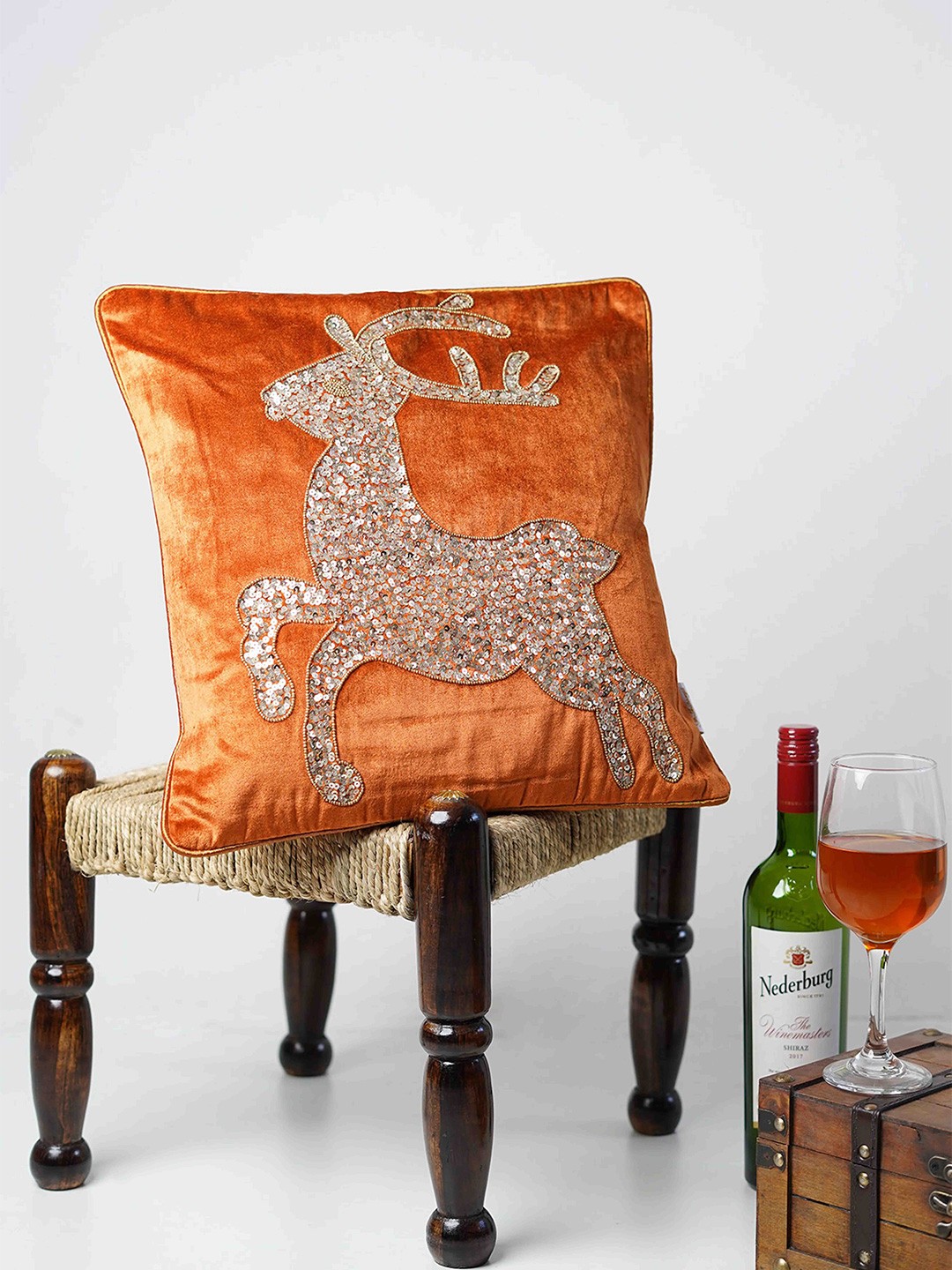 

Folkstorys Glitter Stag Rust & Gold Toned Embroidered Velvet Square Cushion Cover