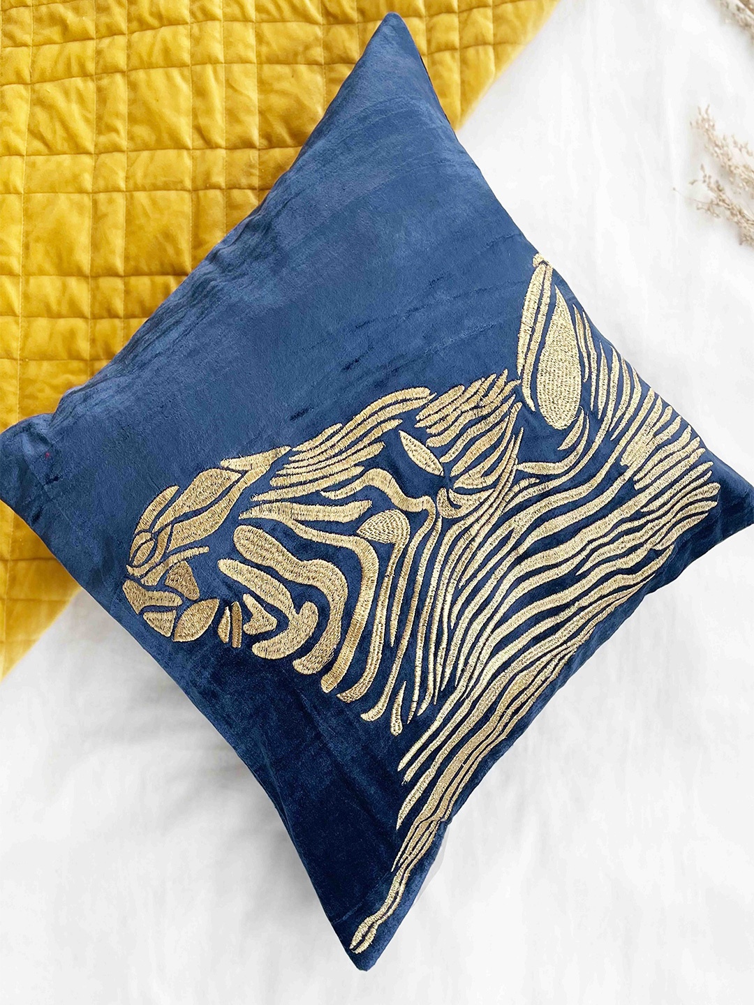 

Folkstorys Luxury Glorious Zebra Blue & Gold-Toned Abstract Velvet Square Cushion Covers