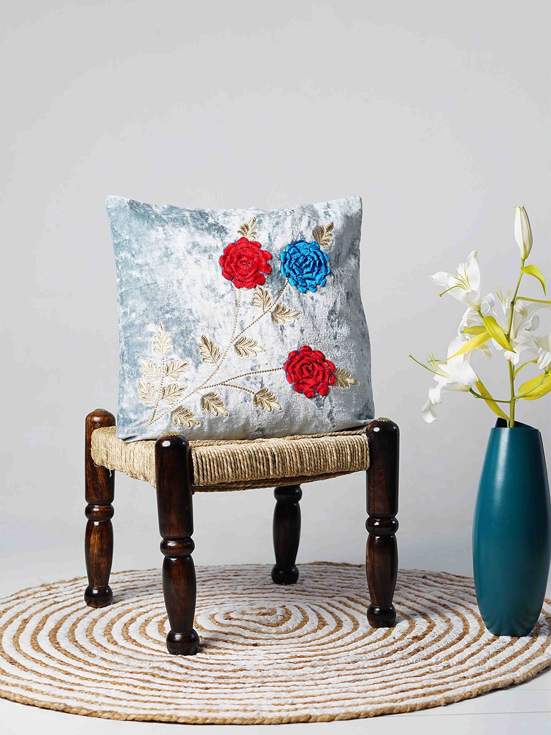 

Folkstorys Blue & Red Embroidered Velvet Square Cushion Cover