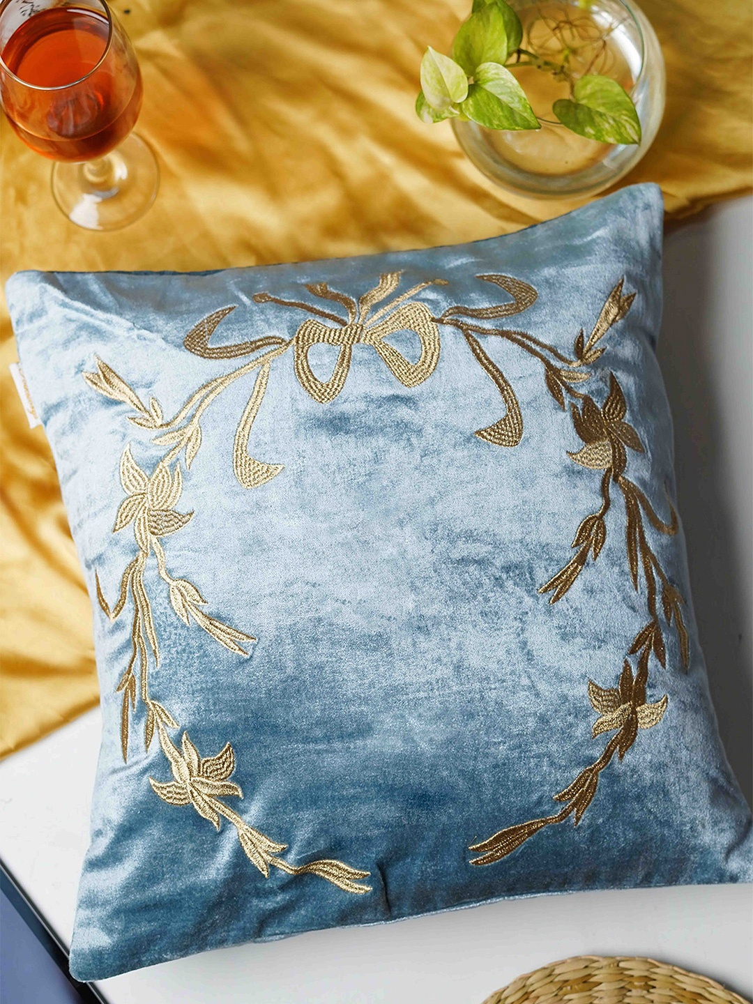 

Folkstorys Blue Floral Embroidered Velvet Square Cushion Cover