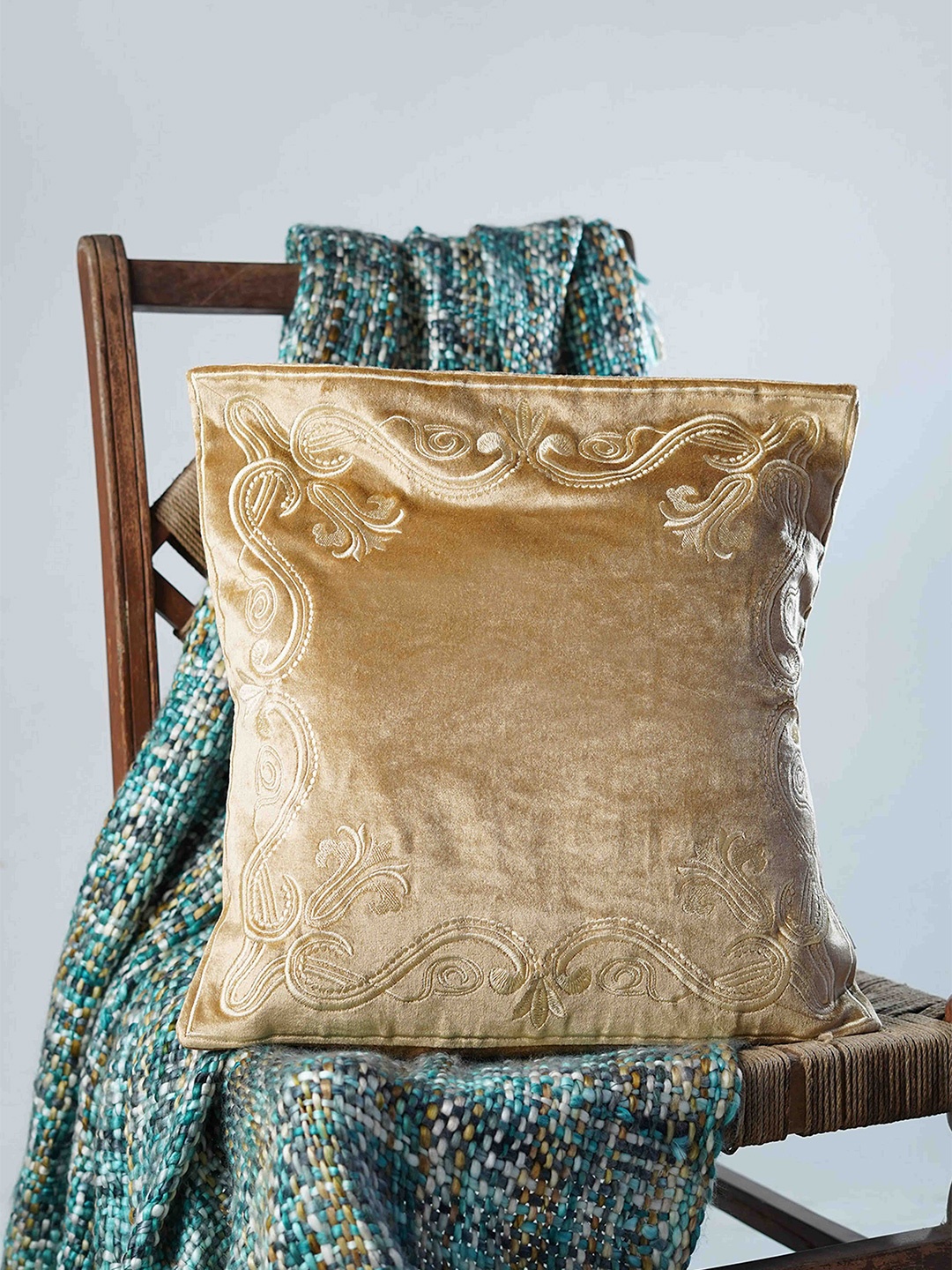 

Folkstorys Beige Embroidered Velvet Square Cushion Cover
