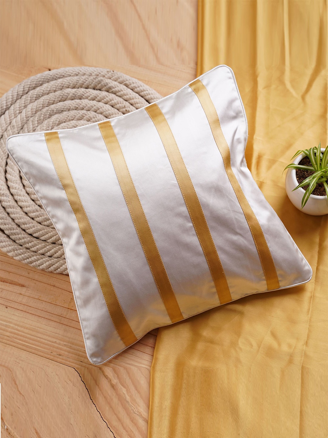 

Folkstorys White & Gold-Toned Striped Satin Square Cushion Cover