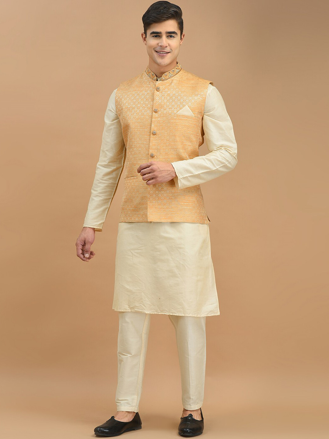 

HOUSE OF DEYANN Mandarin Collar Thread Work Straight Kurta with Pyjamas & Nehru Jacket, Beige