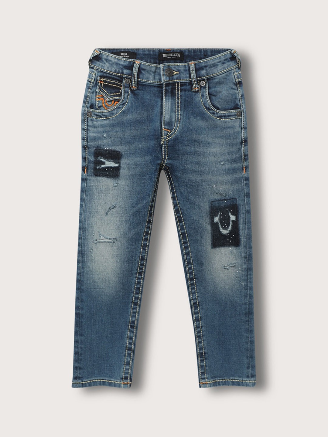 

True Religion Boys Straight Washed Effect Straight Fit Mildly Distressed Heavy Fade Jeans, Blue
