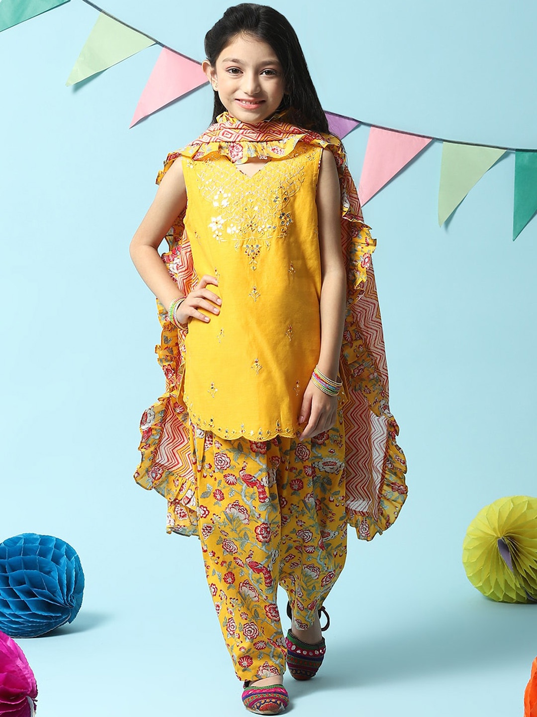 

Biba Girls Floral Embroidered Mirror Work Kurta with Salwar & Dupatta, Yellow