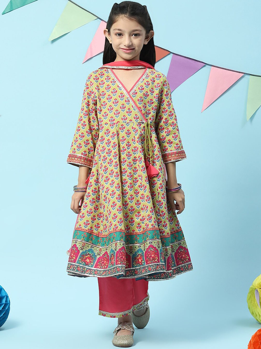 

Biba Girls Ethnic Motifs Printed Gotta Patti Kurta with Palazzos & Dupatta, Green