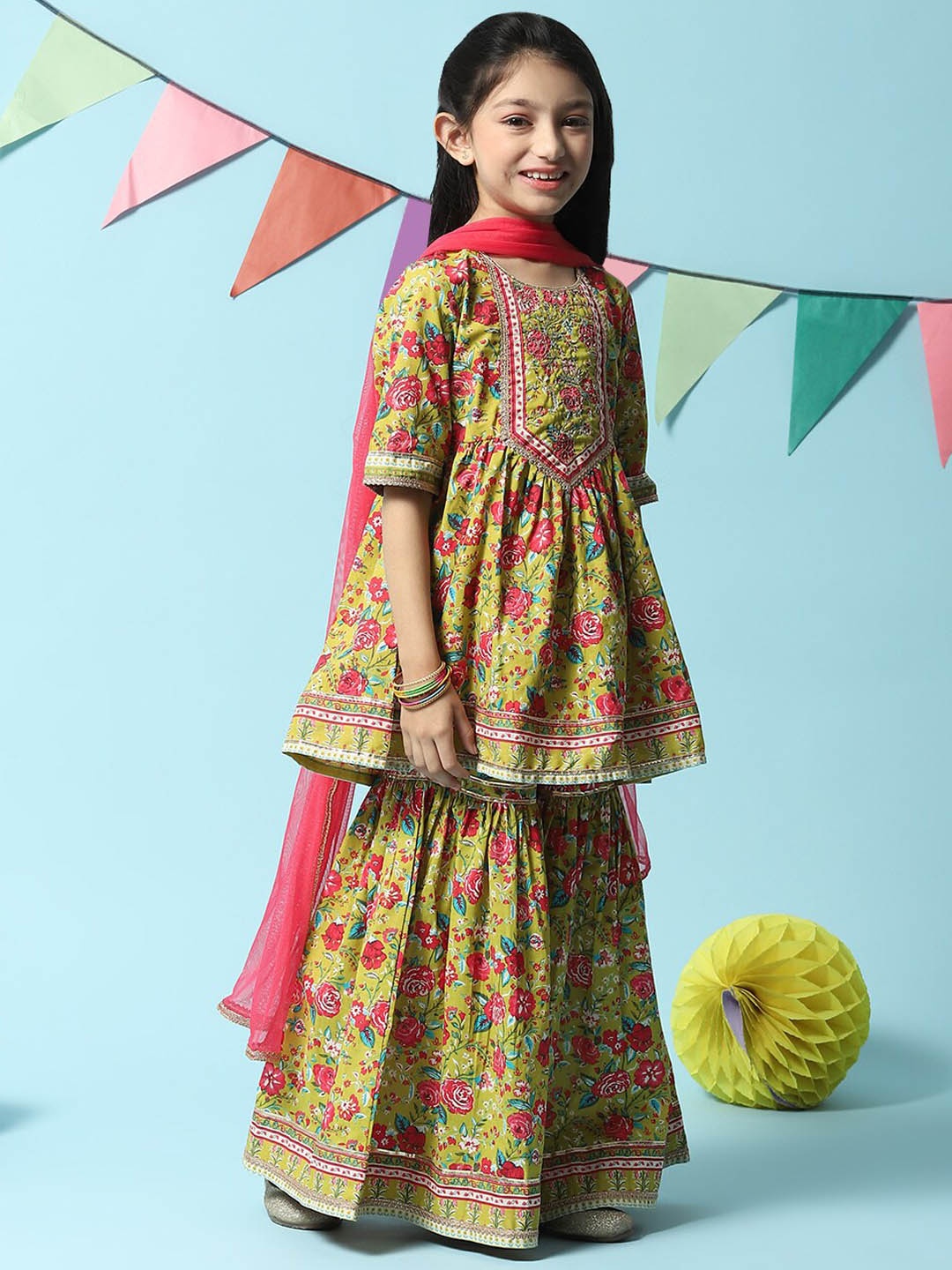 

Biba Girls Floral Printed Angrakha Kurta with Sharara & With Dupatta, Lime green
