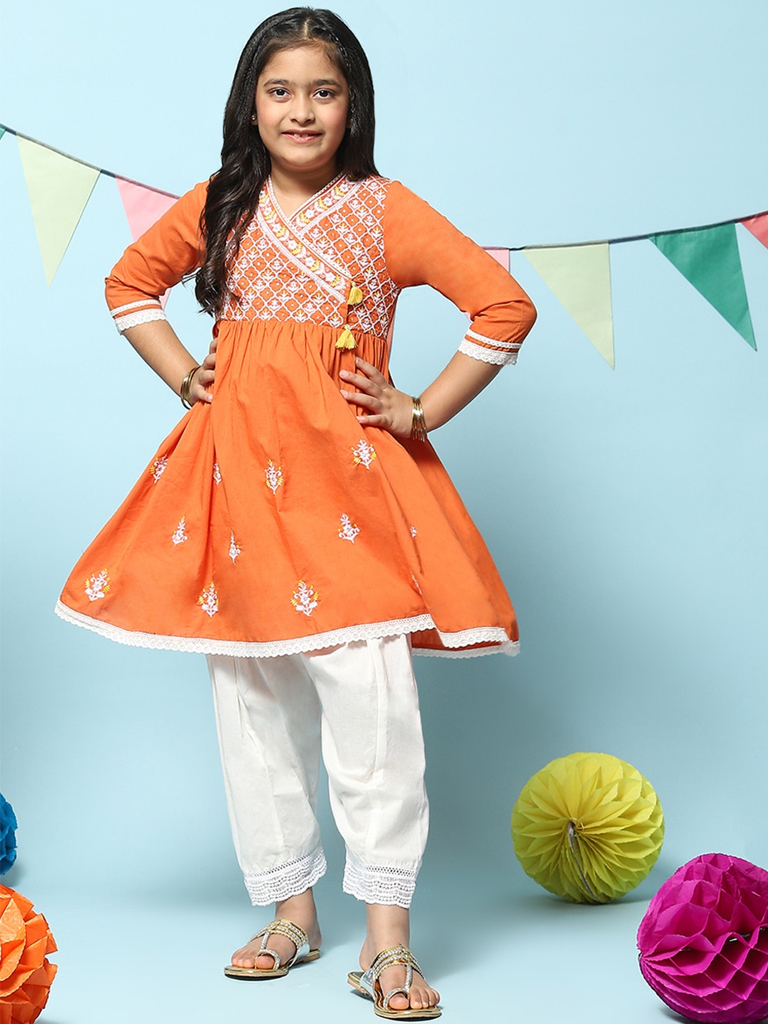 

Biba Girls Embroidered Regular Kurta With Salwar & Dupatta, Orange