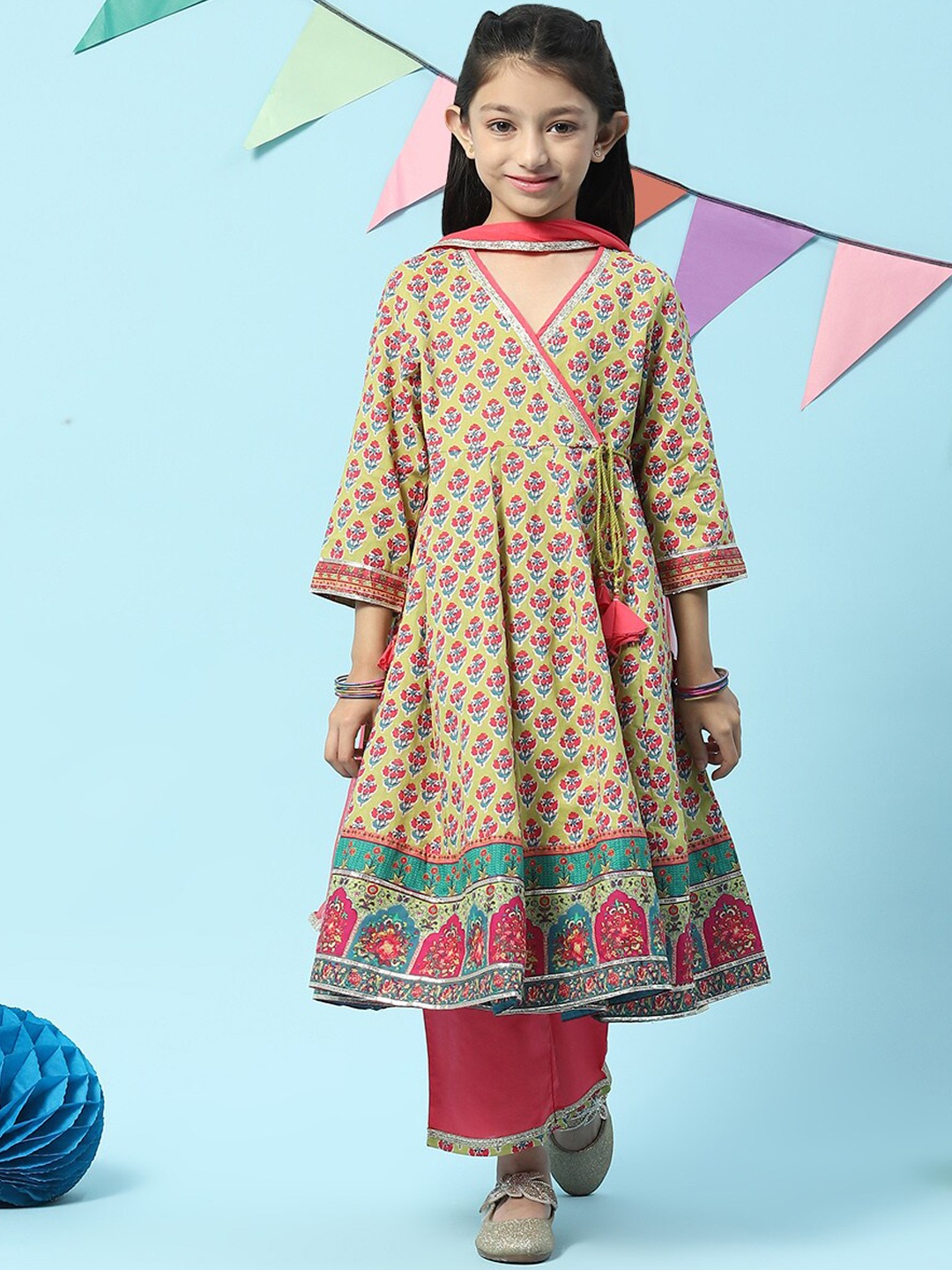 

Biba Girls Ethnic Motifs Printed Angrakha Kurta With Palazzos & Dupatta, Lime green