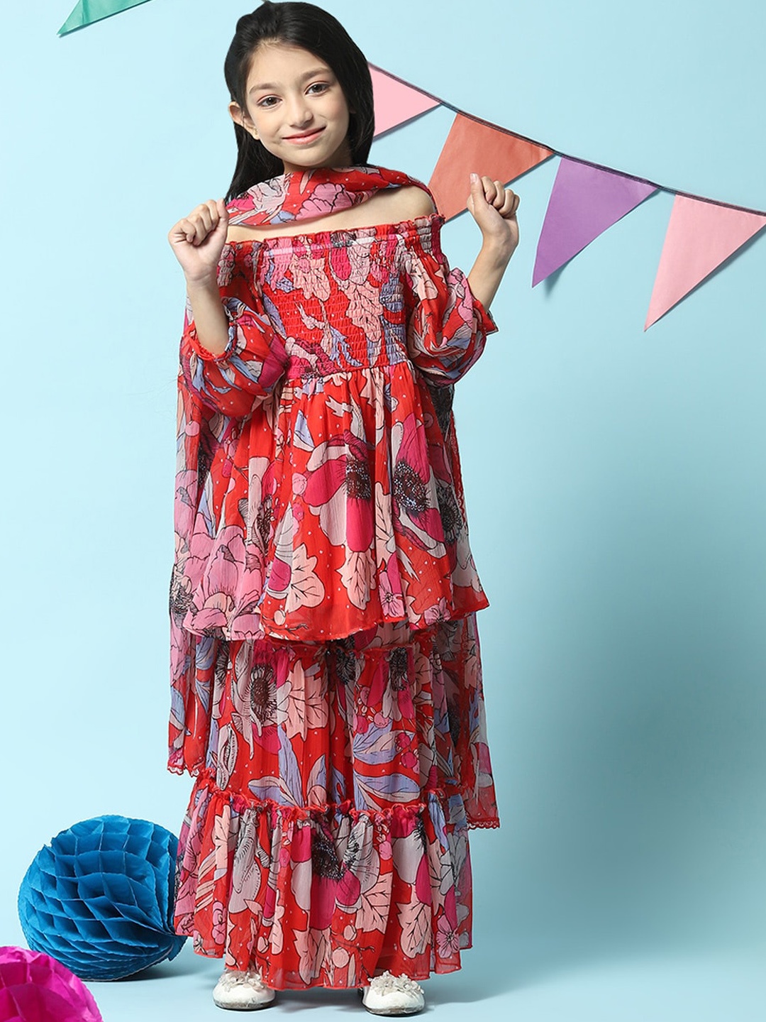 

Biba Girls Printed Smocked Pleated Off Shoulder A-Line Kurti with Sharara & Dupatta, Red