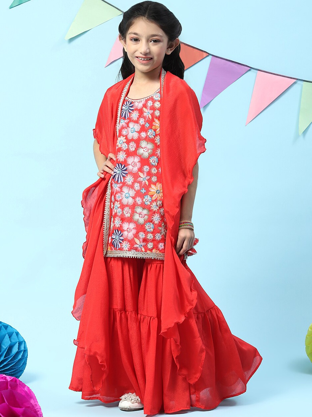 

Biba Girls Floral Print Thread Work Kurta with Sharara & Dupatta, Red