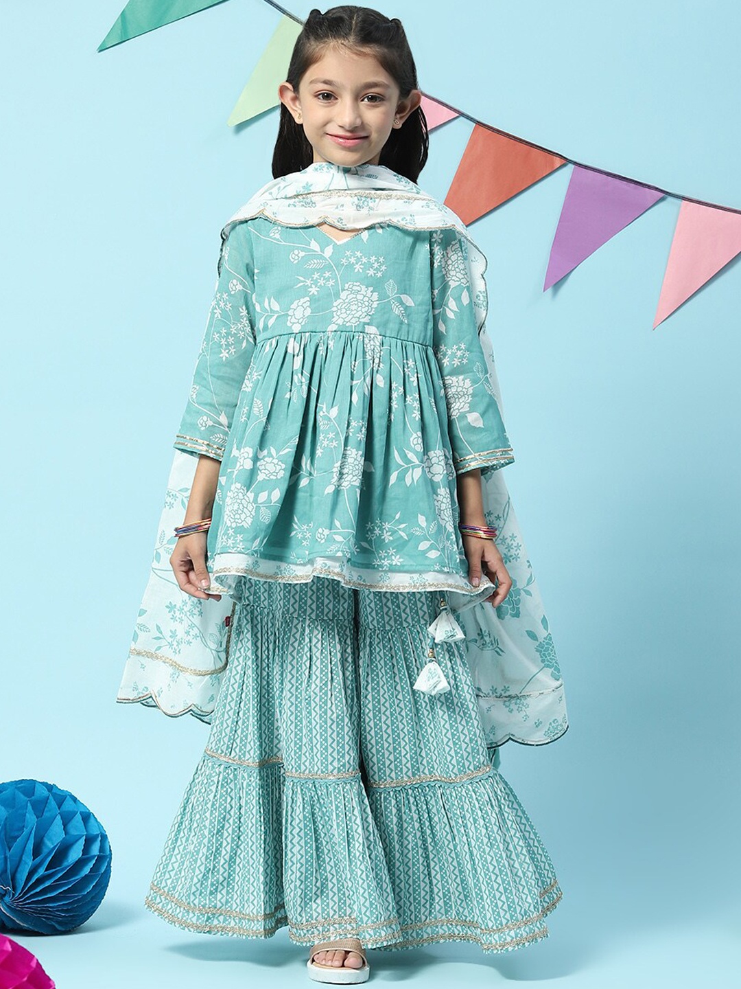 

Biba Girls Floral Printed Empire Gotta Patti Kurta With Sharara & With Dupatta, Sea green