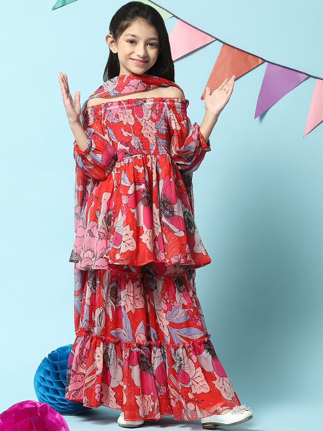 

Biba Girls Printed Smocked Pleated Off Shoulder A-Line Kurti with Sharara & Dupatta, Red