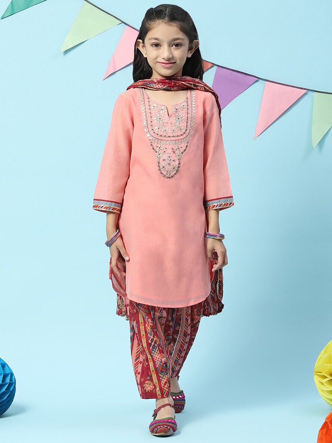 

Biba Girls Ethnic Motifs Yoke Design Gotta Patti Thread Work Kurta with Salwar & Dupatta, Peach