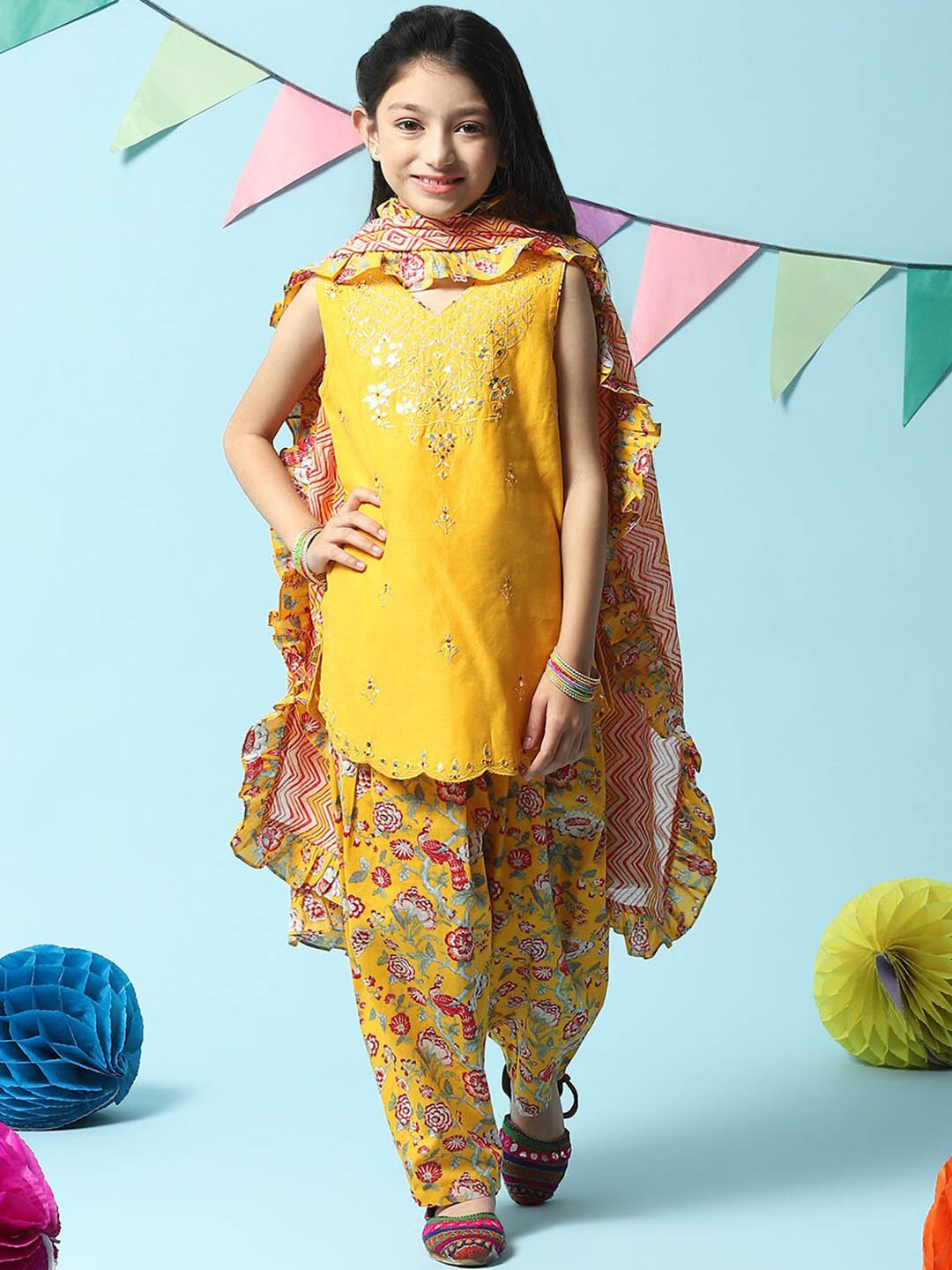 

Biba Girls Ethnic Motifs Embroidered Mirror Work Kurta with Salwar & Dupatta, Mustard