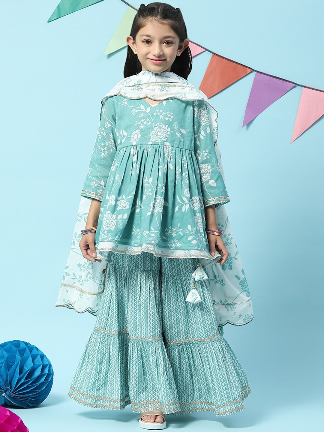 

Biba Girls Floral Printed Gotta Patti Sequined A-Line Kurti with Sharara & Dupatta, Turquoise blue